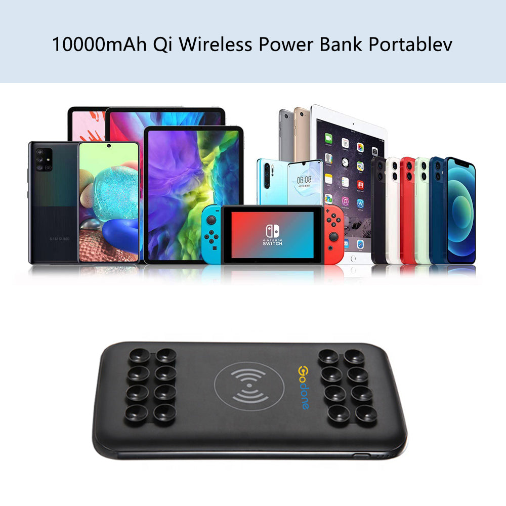 10000mAh Qi Wireless Power Bank Portable Charger with Powerful Suction Cups.