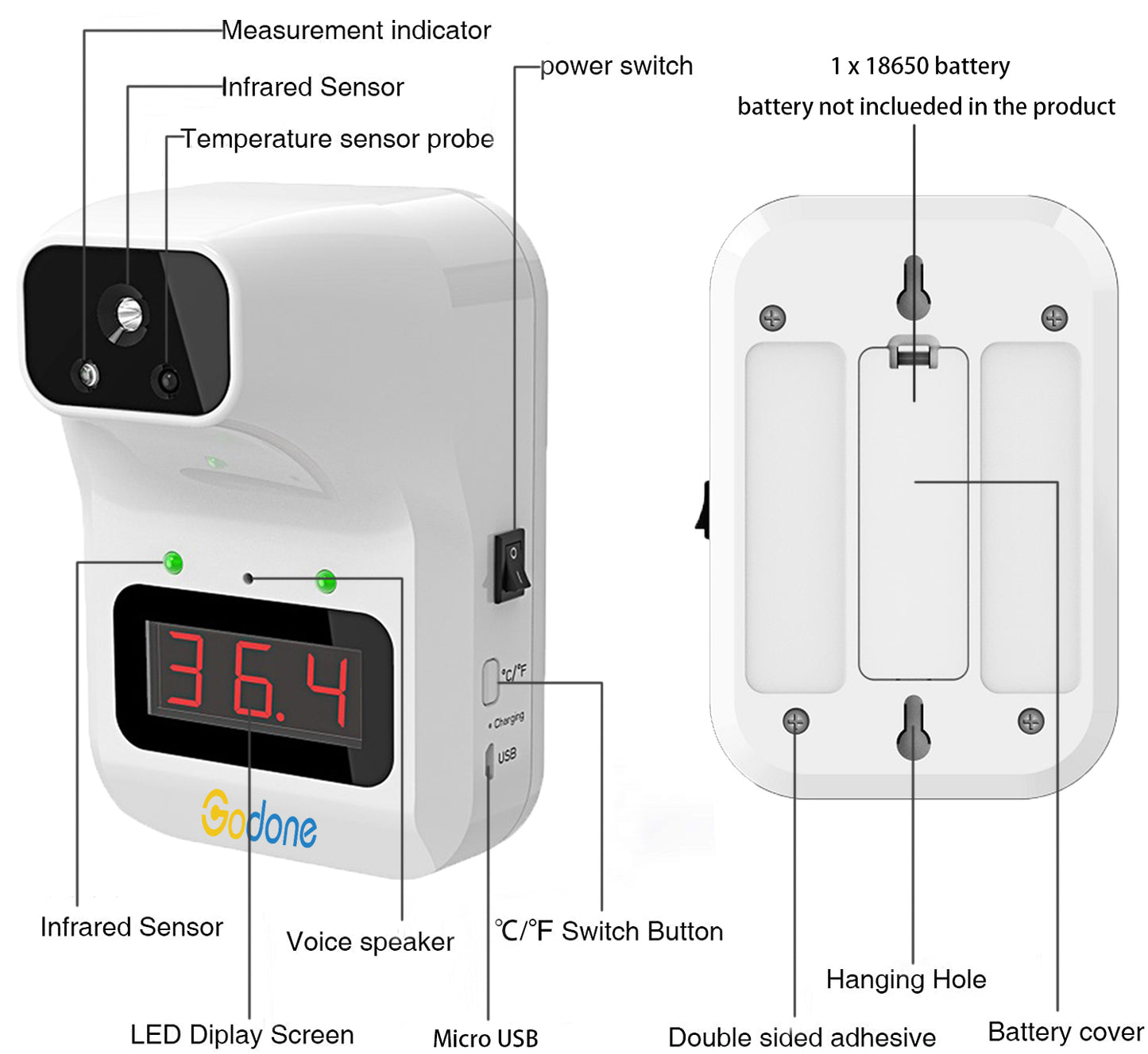 Wall Mounted Infrared Thermometer for Non-Contact Forehead 0.5s Quick Test, with Large LCD Display Fever Alarm for Office/Company/Factory/Shop/School/Restaurant